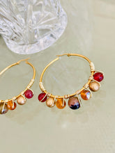 Load image into Gallery viewer, YASMIN- Brown, Amber and Gold Multicolored Beaded Wire-wrapped Hoop Earrings