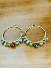 Load image into Gallery viewer, LYRA- Green and Amber Multicolored Beaded Wire-wrapped Hoop Earrings