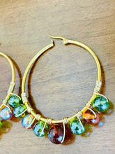 Load image into Gallery viewer, LYRA- Green and Amber Multicolored Beaded Wire-wrapped Hoop Earrings
