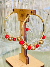 Load image into Gallery viewer, LIBERTY- Red and Gold Beaded Wire-wrapped Hoop Earrings