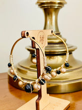 Load image into Gallery viewer, Black and Gold Beaded Wire wrapped Hoop Earrings