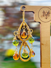 Load image into Gallery viewer, ARUNA- Green and Amber Multicolored Beaded Wire wrapped Chandelier Earrings