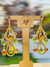 Load image into Gallery viewer, ARUNA- Green and Amber Multicolored Beaded Wire wrapped Chandelier Earrings