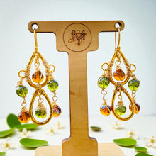 Load image into Gallery viewer, Olive Green and Amber Wire wrapped Chandelier Earrings
