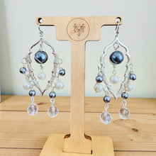 Load image into Gallery viewer, KERRY- Gray and Pearl Multicolored Beaded Wire wrapped Chandelier Earrings