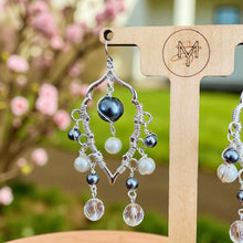 Load image into Gallery viewer, KERRY- Gray and Pearl Multicolored Beaded Wire wrapped Chandelier Earrings