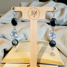 Load image into Gallery viewer, REIDA- 3" Long Black Beaded Drop Earrings with Rhinestone Flower – Elegant Handmade Jewelry