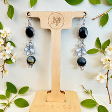 Load image into Gallery viewer, REIDA- 3" Long Black Beaded Drop Earrings with Rhinestone Flower – Elegant Handmade Jewelry