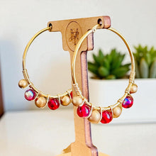 Load image into Gallery viewer, JORA- Red and Gold Multicolored Beaded Wire-wrapped Hoop Earrings