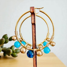 Load image into Gallery viewer, HELIA- Blue and Gold Beaded Wire-wrapped Hoop Earrings