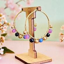 Load image into Gallery viewer, HANSIKA- Purple and Gold Multicolored Beaded Wire-wrapped Hoop Earrings