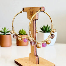 Load image into Gallery viewer, MEEKO- Purple and Gold Beaded Wire-wrapped Hoop Earrings