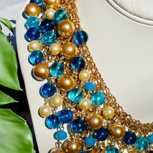Load image into Gallery viewer, REIHEL- Blue and Gold Beaded Statement Bib Necklace