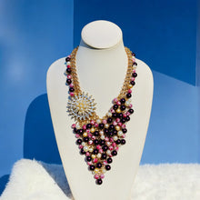 Load image into Gallery viewer, Magenta and Gold Statement Necklace, Pearl Necklace, Beaded Statement Necklace, Gift Ideas, Gift for Her