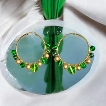 Load image into Gallery viewer, AREANA- Green and Gold Beaded Wire-wrapped Hoop Earrings