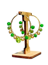Load image into Gallery viewer, AREANA- Green and Gold Beaded Wire-wrapped Hoop Earrings