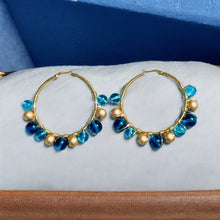 Load image into Gallery viewer, ARINA- Blue and Gold Beaded Wire-wrapped Hoop Earrings