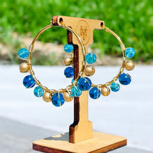 Load image into Gallery viewer, Gold & Blue Beaded Hoops, Wire-Wrapped Hoop Earrings