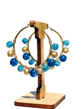 Load image into Gallery viewer, ARINA- Blue and Gold Beaded Wire-wrapped Hoop Earrings