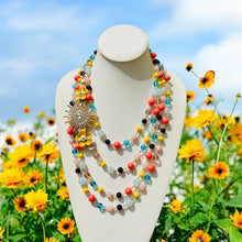 Load image into Gallery viewer, DAISY-  Orange, Yellow and Blue Multi-color, Multi-strand Flower Beaded Necklace
