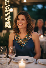 Load image into Gallery viewer, REIHEL- Blue and Gold Beaded Statement Bib Necklace