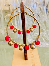 Load image into Gallery viewer, LIBERTY- Red and Gold Beaded Wire-wrapped Hoop Earrings
