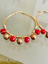 Load image into Gallery viewer, LIBERTY- Red and Gold Beaded Wire-wrapped Hoop Earrings
