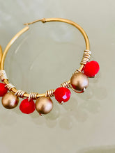 Load image into Gallery viewer, LIBERTY- Red and Gold Beaded Wire-wrapped Hoop Earrings
