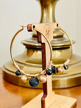 Load image into Gallery viewer, Black and Gold Beaded Wire wrapped Hoop Earrings
