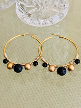 Load image into Gallery viewer, IGGY- Black and Gold Beaded Wire-wrapped Hoop Earrings

