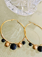 Load image into Gallery viewer, IGGY- Black and Gold Beaded Wire-wrapped Hoop Earrings
