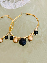 Load image into Gallery viewer, IGGY- Black and Gold Beaded Wire-wrapped Hoop Earrings
