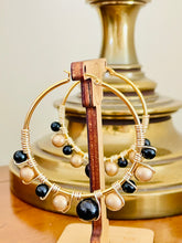 Load image into Gallery viewer, ZERAH- Black and Gold Beaded Wire-wrapped Hoop Earrings
