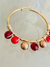 Load image into Gallery viewer, INGRID- Red and Gold Multicolored Beaded Wire-wrapped Hoop Earrings
