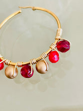 Load image into Gallery viewer, INGRID- Red and Gold Multicolored Beaded Wire-wrapped Hoop Earrings
