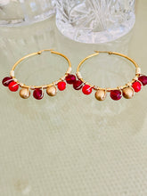 Load image into Gallery viewer, INGRID- Red and Gold Multicolored Beaded Wire-wrapped Hoop Earrings
