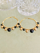 Load image into Gallery viewer, ZERAH- Black and Gold Beaded Wire-wrapped Hoop Earrings
