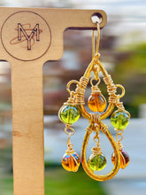 Load image into Gallery viewer, ARUNA- Green and Amber Multicolored Beaded Wire wrapped Chandelier Earrings

