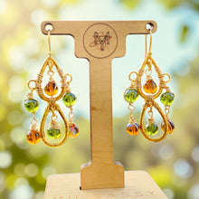 Load image into Gallery viewer, ARUNA- Green and Amber Multicolored Beaded Wire wrapped Chandelier Earrings
