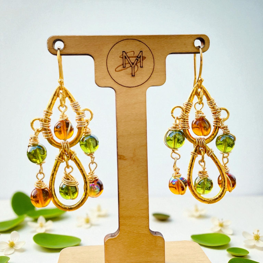Olive Green and Amber Wire wrapped Chandelier Earrings