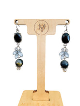 Load image into Gallery viewer, REIDA- 3&quot; Long Black Beaded Drop Earrings with Rhinestone Flower – Elegant Handmade Jewelry
