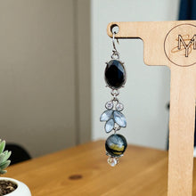 Load image into Gallery viewer, REIDA- 3&quot; Long Black Beaded Drop Earrings with Rhinestone Flower – Elegant Handmade Jewelry
