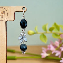 Load image into Gallery viewer, REIDA- 3&quot; Long Black Beaded Drop Earrings with Rhinestone Flower – Elegant Handmade Jewelry
