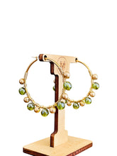 Load image into Gallery viewer, CLOVER- Olive Green and Gold Beaded Wire-wrapped Hoop Earrings
