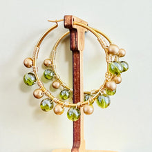 Load image into Gallery viewer, CLOVER- Olive Green and Gold Beaded Wire-wrapped Hoop Earrings
