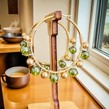 Load image into Gallery viewer, CLOVER- Olive Green and Gold Beaded Wire-wrapped Hoop Earrings
