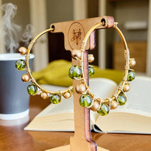 Load image into Gallery viewer, CLOVER- Olive Green and Gold Beaded Wire-wrapped Hoop Earrings
