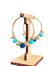 Load image into Gallery viewer, HELIA- Blue and Gold Beaded Wire-wrapped Hoop Earrings
