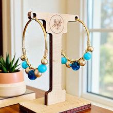 Load image into Gallery viewer, HELIA- Blue and Gold Beaded Wire-wrapped Hoop Earrings
