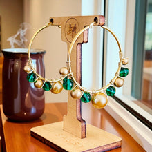 Load image into Gallery viewer, HUNTER- Teal and Gold Beaded Wire-wrapped Hoop Earrings
